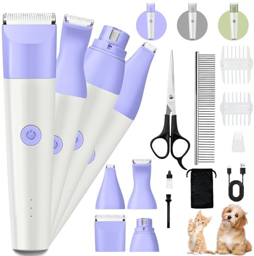 Muaket Cat Clippers Grooming Kit 4 in 1, Low Noise Cordless Dog Paw Trimmer & Nail Grinder, Small Dog Cat Grooming Clippers Electric Rechargeable for Trimming Hair on Paw Eye Ear Face Rump, Purple