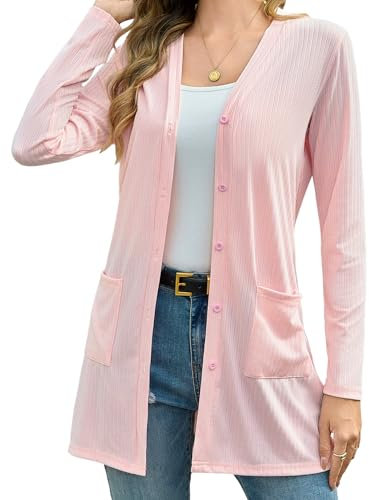 Totatuit Gilet Femme Long Tricoté Léger avec Boutons et Poches Cardigan Élégant Décontracté Manche Longue Ouverture Frontale Manteau Printemps Été Rose,L
