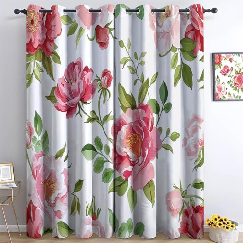 Gardinen Wohnzimmer Vorhang Weiß Blickdicht Verdunkelungsvorhänge 3D Druck Aquarell Blumen Pfingstrosen Rosen Ösenvorhang 166 x 75 cm 2Er Set Kinderzimmer Schlafzimmer Ösenschal Schallschutz