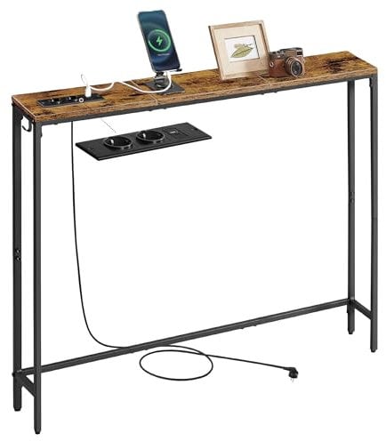 VASAGLE Table Console avec Multiprise, Bout de canapé, 15 x 100 x 80 cm, 1 Crochet, Montage Facile, pour Entrée, Salon, Marron Rustique et Noir d'encre LNT079K02