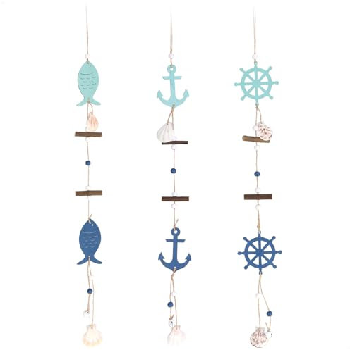 com-four® 3X Hängedeko Maritim - Dekoration zum Aufhängen - Steuerrad, Anker und Fische aus Holz mit Muscheln - Hängedeko (3 Stück - bunt 60cm)