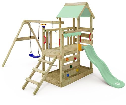 Gioco da giardino WICKEY TurboFlyer con altalena e scivolo, struttura da esterno per bambini con sabbiera, scaletta e accessori da gioco (verde pastello)