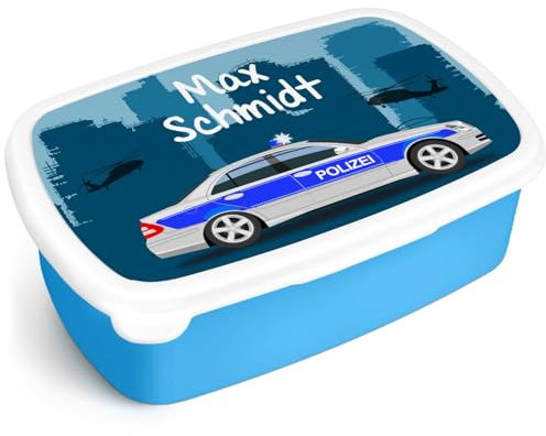GRAVURZEILE Bedruckte Lunchbox - Polizei - Personalisiert mit Namen - Brotdose für Kinder - Individuell bedruckt mit Wunschmotiv - Platzsparend stapelbar - Perfekt für Schule & Kita - Farbe: Blau