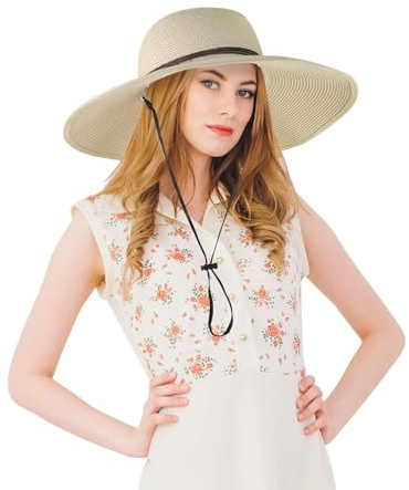 Feelorna Sombrero para el sol para mujer, sombrero de paja plegable de ala ancha, sombrero de verano para exteriores, protección solar, sombrero de playa con cinta a prueba de viento y cinta de