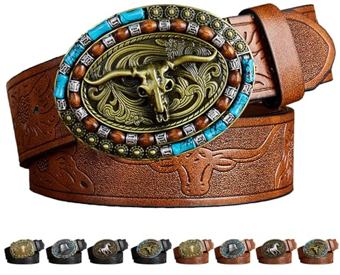 LUKIUP Western-Lederschnallengürtel, Cowboy Gürtel Herren, Gürtel mit Schnalle, Gürtelschnalle Western, Cowboy Accessoires für Männergeschenke Halloween Karneval
