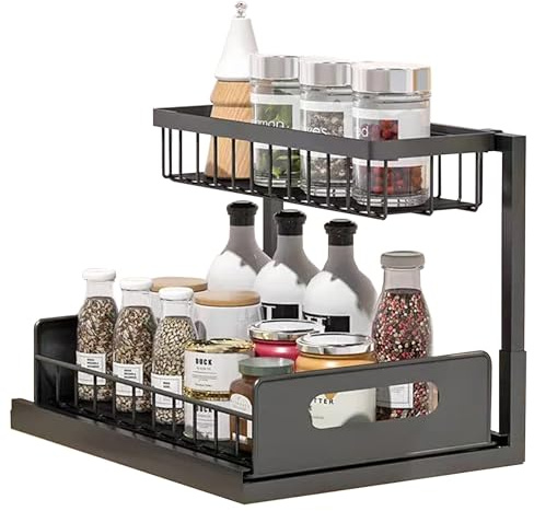 ATEK Metal Under Sink Storage Organiser- 2 Tier Under Sink Storage Kitchen Organiser with Sliding Lower Drawer