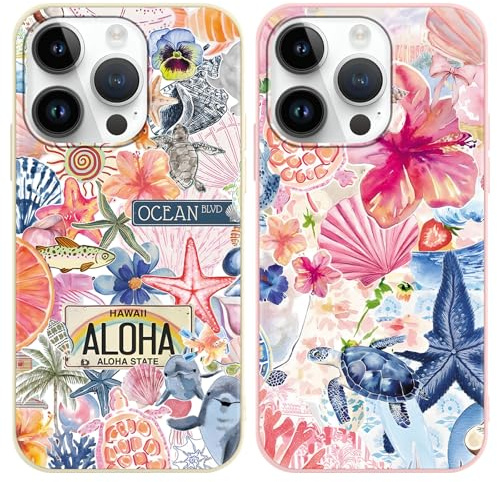 Vxinvnoi 2 Stück Handyhülle für iPhone 14 Pro Max Hülle, Collage Motiv Aesthetic Blumen Meer Bunt Sommer Muster Mädchen Case, Weich Silikon TPU Stoßfeste Cover für iPhone 14 Pro Max 6,7, Beige + Rosa