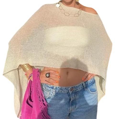 Qianderer Womens Sheer Poncho Shrug Bolero Shawl Knit Lightweight Shrug Cape Pullover Sweater Tops Summer Cover Up (Ba Yellow, ONE Size)