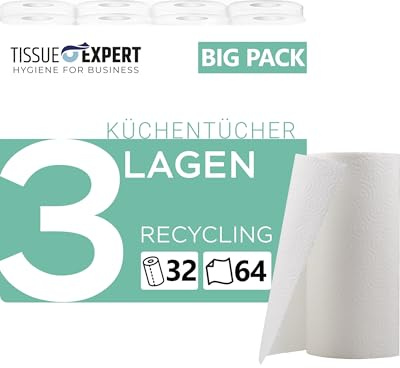 Tissue Expert Küchentücher RECYCLING, 32 Rollen á 64 Blatt, 3-lagige Küchenrollen, 100% Recycling, saugstarke Haushaltsrollen, Allzwecktücher, Papiertücher, Papierhandtücher, Küchenpapier