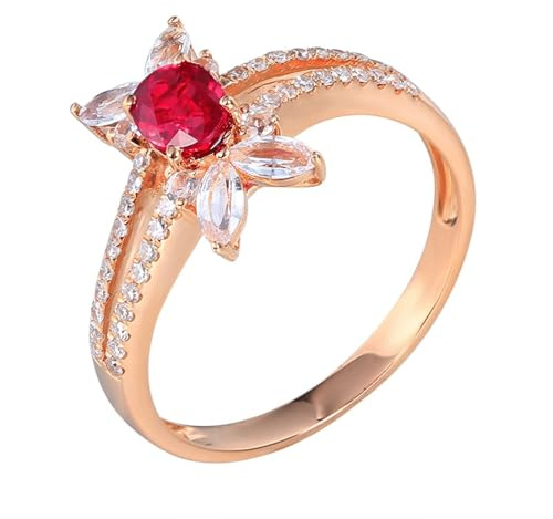 Homxi Trauring Damen Ringe 9 Karat Rosegold 375, 4 Zinken Oval mit Erstellter Rubin 0,57 Karat und Moissanit, Damen Hochzeitsringe Bandring Rosegold Gr. 60 (19.1)