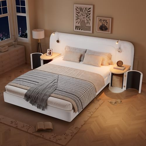 EINHOM Double Bed Frame with Storage Bedside Table, 4ft6 Upholstered Bed with LED-Light, for Living Room/Bedroom/Study Room, Velvet + Plywood, Beige 135×190cm (No Mattress)