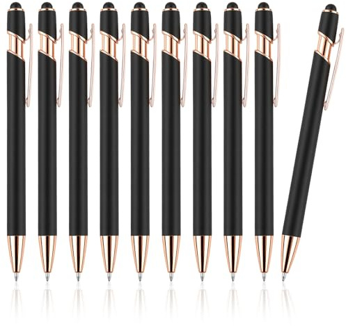 AOOSU Einziehbarer Kugelschreiber mit Touchpen, 10 Stück Metall Kugelschreiber Schwarz Druckkugelschreiber Hochwertig, Einfaches & Weiches Schreiben Metallkugelschreiber für Büro und Haushalt