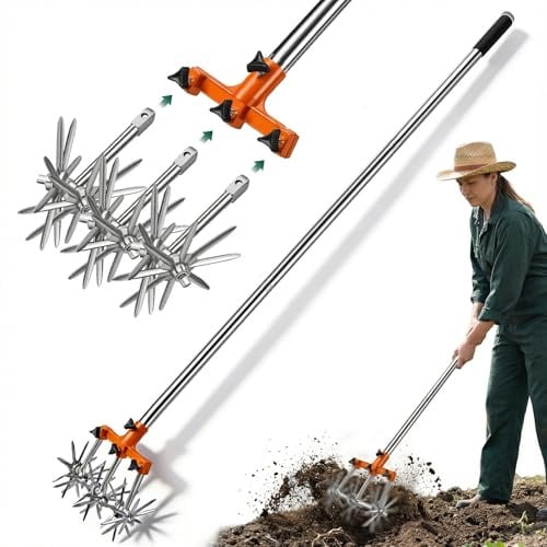 Kreiselgrubber, Sternfräse Garten mit Einziehbarer 173cm-Langstiel Garten Kultivator mit Abnehmbaren Zinken Edelstahl Gartengrubber Rotary Cultivator Garden Rotary Tiller zur Bodenmischung