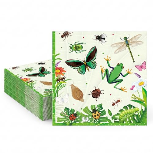 ZingBox 20 Stück Servietten Krabbeltiere, 33x33cm Papierservietten Insekten für Kindergeburtstag, Krabbeltiere Tischdeko & Partydeko, Marienkäfer, Libelle, Frosch, Käfer Gartenparty Servietten