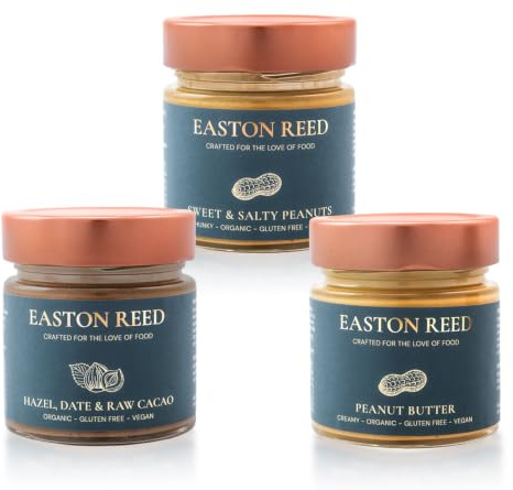 EASTON REED Organic Peanut Butter & Hazelnut Cream Trio, one of each Creamy Peanut Butter, Crunchy Sweet & Salty and Hazel, Date & Raw Cacao, Spreads without Palm Oil, Vegan, for Porridge and Desserts