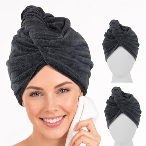 Nreosn 3 Stück Mikrofaser Handtuch Haare – Haarturban mit Knopf, Super Saugfähiges Haarhandtuch aus Mikrofaser 400GSM, Schnelltrocknender Turban Handtuch für Lange Locken Kurze Haare Damen Dunkelgrau