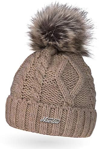Neverless gefütterte Damen Strickmütze mit Fell-Bommel und Fleece-Futter, Kunstfell, Winter-Mütze, Bommelmütze, dunkel-beige Unisize