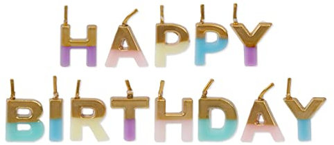 Talking Tables Bday HB Wax, Dipped In Glitter Happy Birthday Candles Cake Topper, Gold and Pastel Colours, Wax Height 2cm, 0.8