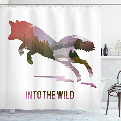 ABAKUHAUS Fuchs Duschvorhang, Jumping Fox Wilder Wald, Stoffliches Gewebe Badezimmerdekorationsset mit Haken, 175 x 200 cm, Lavendel Braun Korallenrot