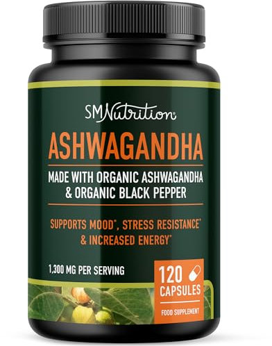 Ashwagandha 1300mg | Ashwagandha Root Powder & Black Pepper Extract | 100% Ashwagandha Supplement for Stress Relief, Mood & Thyroid Support* | Vegetarian, Gluten-Free | 120 Capsules, 2-Month Supply