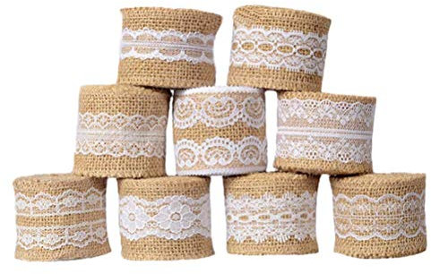 Burlap Ribbon Roll,9 Rolls Natural Burlap Ribbons Jute Hessian Wreath Jute Twine Linen with White Lace for Gift Wrap Crafts Handmade Wedding Party Decoration 5 * 100CM