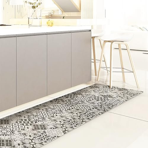 CREARREDA Teppich Läufer - Küchenläufer 180x50 cm graue Fliesen Vinyl rutschfest und waschbar Küchenläufer aus Vinyl, 100% Made in Italy Tepiche für Wohnzimmer, Küche