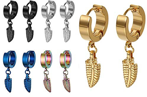 Cupimatch Feder Ohrringe Creolen Set: 5 Paare Edelstahl Gothic Vintage Blatt Huggie Ohrstecker Elegant Klappcreolen Klassische Boho Ohrhänger Geburtstag Schmuck Geschenk für Männer Frauen Unisex