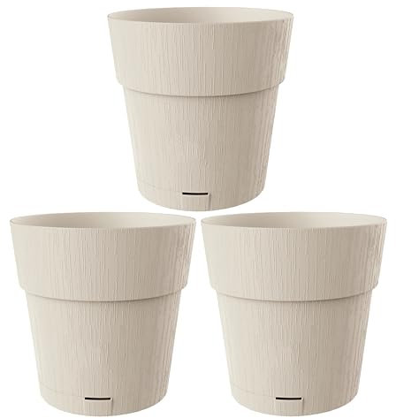 Kigima Lot de 3 pots de fleurs, ronds, auto-arrosage, réservoir d'eau, 100 % plastique recyclé, 25 cm, beige
