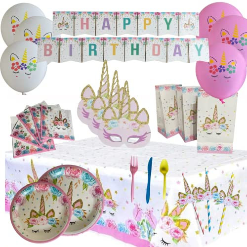 176 PCS Unicorn Party Supplies for Birthday, Unicorn Decorations for Party, Girls Birthday Decorations, Unicorn Paper Plates, Cups, Cutlery and Decorations for 16 Guests
