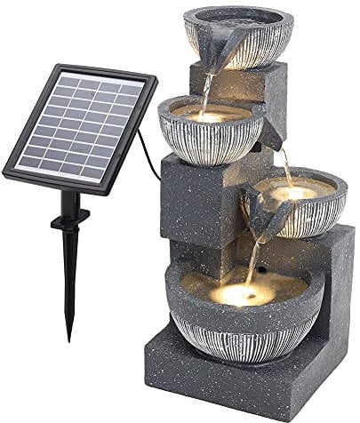 BTGGG Solarbrunnen für Draussen, 4-Stufiger Springbrunnen Solar mit LED Beleuchtung, Solar Springbrunnen für Außen, Gartenbrunnen Zimmerbrunnen Wasserspiel Solar für Garten, Terrasse, Balkon Deko