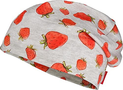 maximo MINI-Beanie für Mädchen, hellgraumeliert mit Erdbeeren, bedruckter Jersey, UV 50, Gr. 53