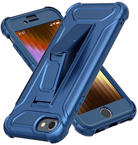 ORETECH iPhone SE 2022/2020 Case With 2 Tempered Glass Screen Protectors, Built-in Kickstand, Military Grade Shockproof 360 Full Body Protective Cover for iPhone 8/7 - Navy Blue
