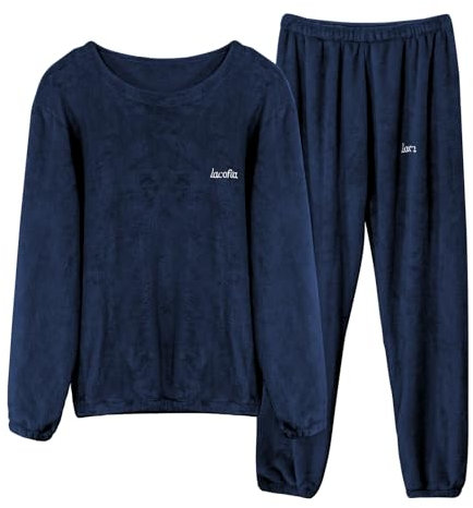 LACOFIA Pigiami Due Pezzi da Uomo Pigiama Set Invernale di Caldo Pile Abbigliamento da Notte a Maniche Lunghe Adulto Pigiama di Coppia Blu Marino L