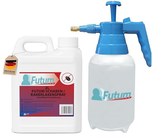 Futum Schaben Spray 2 Liter + Drucksprüher Kakerlaken bekämpfen auf Wasserbasis Ohne Treibgase wirkt gegen Eier Innen & Außen