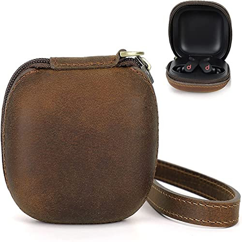 Miimall Compatible with Beats Fit Pro Leather Case, [Genuine Leather] [Keychain] [Wrist Strap] Shockproof Protective Cover Case for Beats Fit Pro Case-Coffee