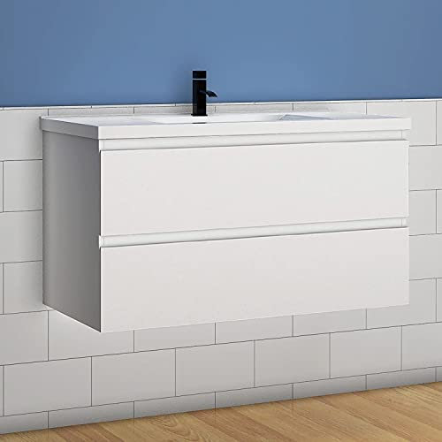 Acezanble Ensemble Meuble de Salle de Bain Blanc 100 cm Suspendu lavabo Beton sur Pied 2 tiroirs + Vasque Armoire de Rangement Meuble lavabo evier Meubles