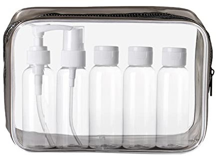 KEYRI Kulturbeutel Transparent Reiseflaschen zum Befüllen 5 Stück Leere Reiseflaschen Set 100ml mit Kulturtasche für Flüssigkeiten Auslaufsicher Reiseset Flaschen für Kosmetik Flugzeug (Schwarz)