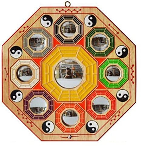 Chinesischer Feng Shui-Klatschspiegel, konvexer konkaver Bagua-Spiegel im Vintage-Stil, Eingangsklatsch nach Hause, Mahagoni, bemalt mit Neun Palästen, 22 cm, bringt der Familie viel Glück (Größe: Gro