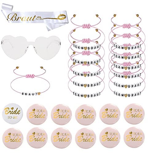 26 Stück Jga Armbänder Frauen, Jga Buttons Brautjungfer Armband Gürtel Brille, Brautarmband verstellbares JGA Armband mit Buchstabenperlen für Junggesellenabschied, Hochzeit,Braut Team Abzeichen