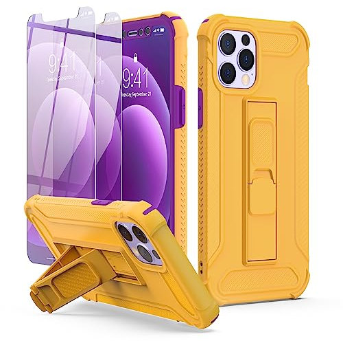 ORETECH for iPhone 12 Pro Max Case, iPhone 12 Pro max Phone Case, and [2 x Tempered Glass Screen Protector] [Built-in Kickstand] Military Grade Shockproof Full Body Protective Silicone Cover - Yellow