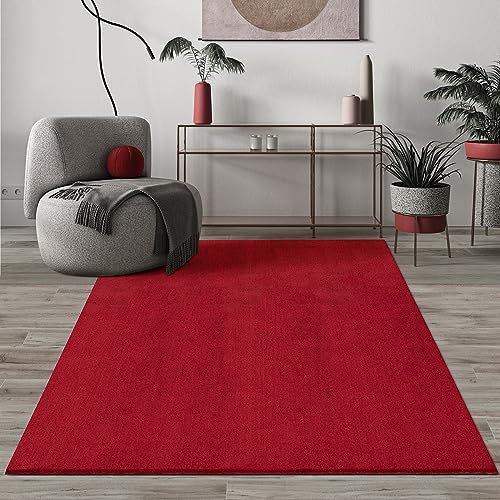 Mia's Teppiche Comfort Moderner Flauschiger Kurzflor Teppich, Anti-Rutsch Unterseite, Waschbar bis 30 Grad, Super Soft, Felloptik, Rot, 80 x 150 cm
