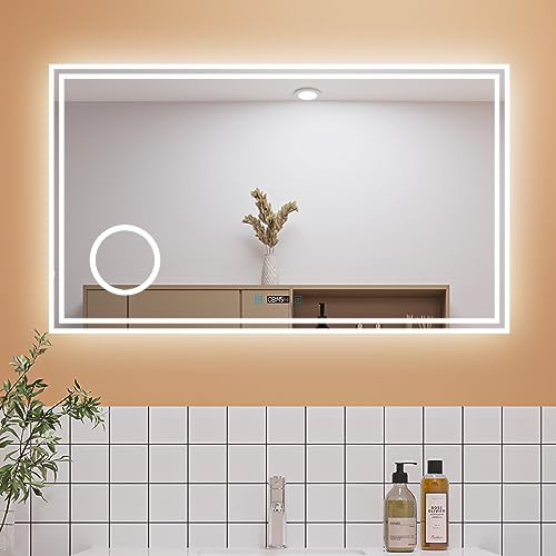 Aica Sanitär Badspiegel LED 120×70cm Schminkspiegel Uhr 3 Lichfarbe dimmbar Memory Wand/Touchschalter Anti-Beschlag Bad Spiegel Badezimmerspiegel IP44 energiesrarend
