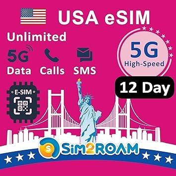 USA Prepaid eSIM-Karte|Unbegrenzte 5G/4G-Daten in den USA (einschließlich Hawaii)+Low-Speed-Daten in Kanada und MX|Unbegrenzte Anrufe und SMS zwischen den USA, CA und MX|Wiederaufladbar (12 Tage)