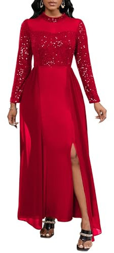 VERWIN Women's Bodycon Sequins Dress Mesh Chiffon Shoulder Maxi Dress Side Slit Patchwork Overlay XXL Red