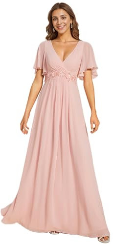 Ever-Pretty Robes de Demoiselle d'honneur Longue Mousseline Appliqué Manches Fluides Taille Empire Rose 36