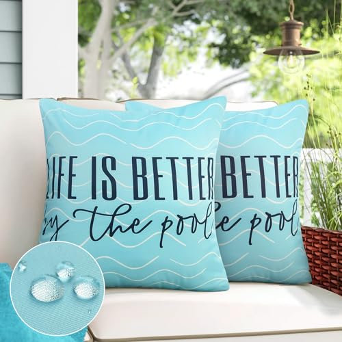 Adabana Dekokissenbezüge für den Außenbereich, wasserdicht, für Terrassenmöbel, Garten, Life is Better by The Pool, Blau, 2 Stück