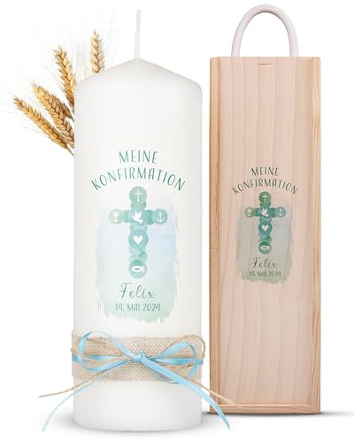 AMARI ® Konfirmationskerze personalisiert Kreuz Symbol (002.09.01) 20/7 cm- Kerze Konfirmation - Konfirmationskerze mit Namen und Datum - Konfirmation Kerze personalisiert Mädchen Junge