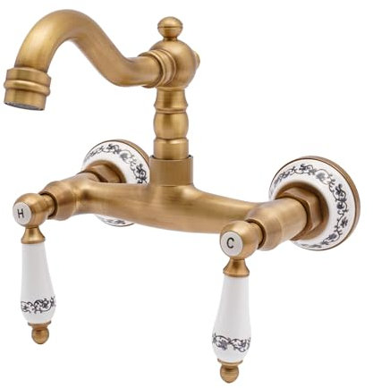 HOARLICN Drehbar Wandarmatur, Vintage Antik Drehbarer Zwei Griff Hahn 180°drehbar Wandmontage Küchenarmatur Retro Waschtischmischer Wandarmatur Unterputz Für Küche Für 1/2''-Rohre Geeignet