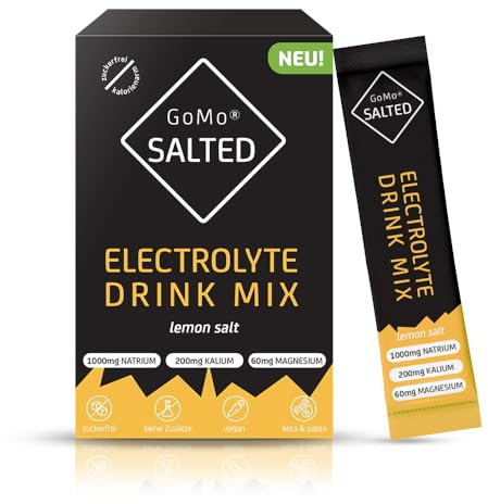 GoMo SALTED Hydration Aid | Elettroliti senza zucchero | migliore assorbimento dell'acqua e idratazione rapida | 30 porzioni singole di polvere elettrolitica con sale alpino svizzero | Gusto Limone