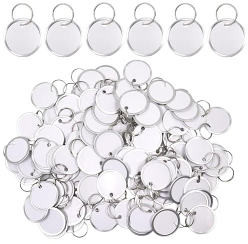 SamHeng Blanc Porte Clef Étiquettes en Métal, 100 Pièces 31mm Ronds Étiquettes de Nom avec Anneaux Fendus, Petit Porte-clés Codé Inscriptible Étiquettes en Papier pour Clés Bagages Sac à Dos